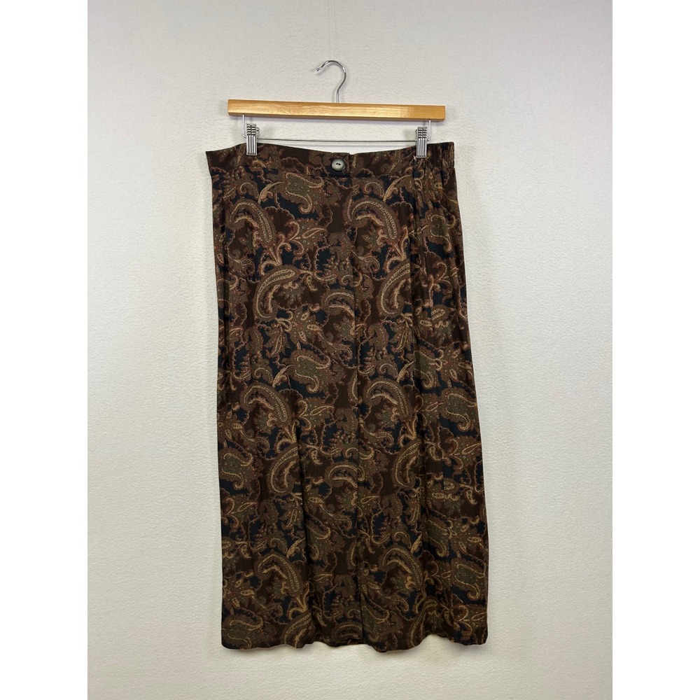 Vintage Paisley Dark Academia Women 14/16 Brown Rayon Midi Skirt Made in USA